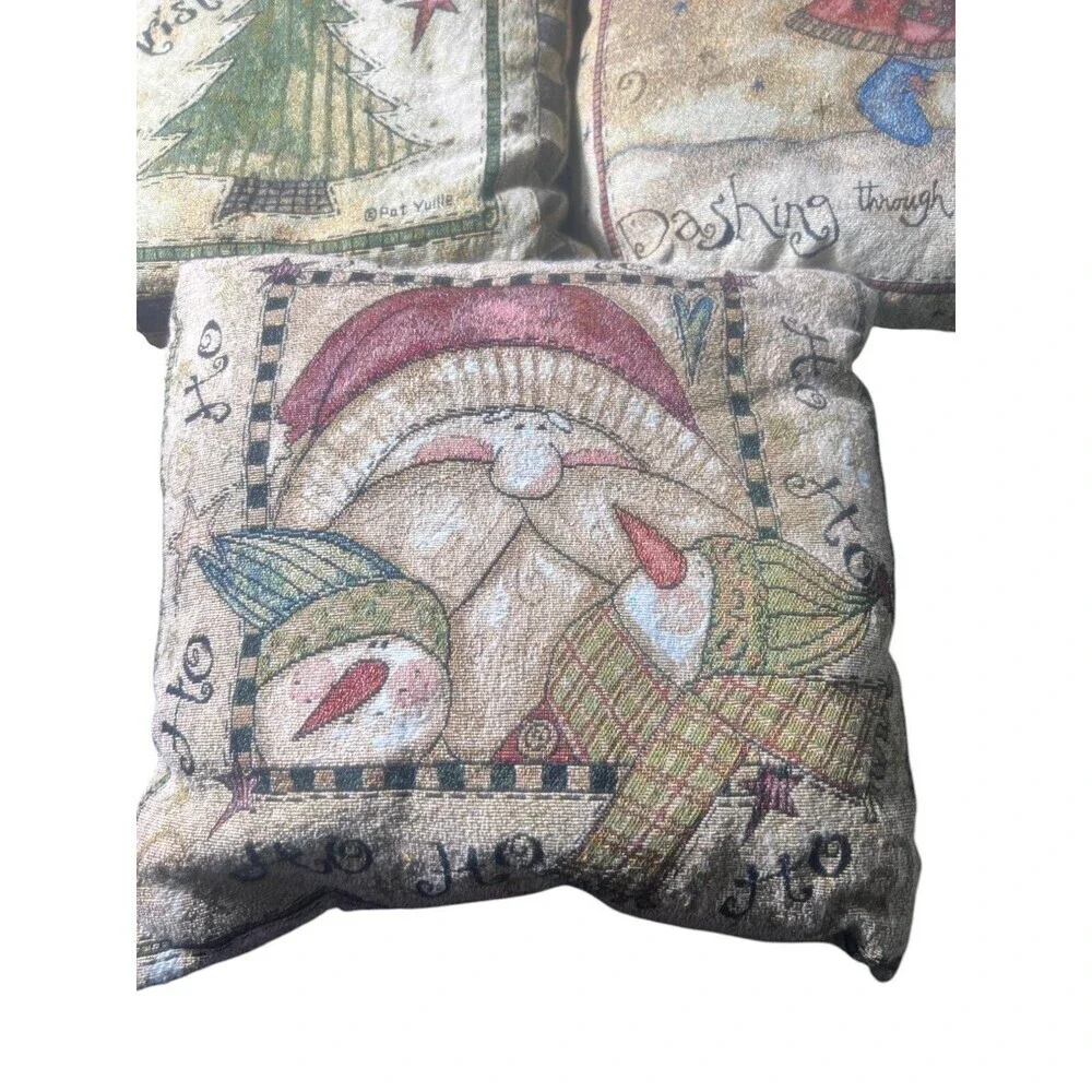 Set of 3 Vintage Pat Yuille Throw Pillows – Santa, Snowman, Festive Holiday Déco